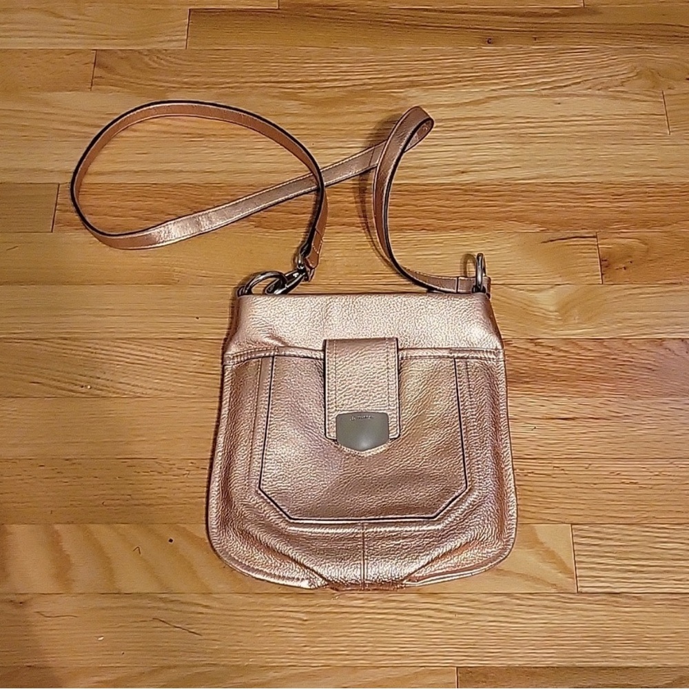 Metallic Rose Gold Crossbody Bag with Geometric Front Flap